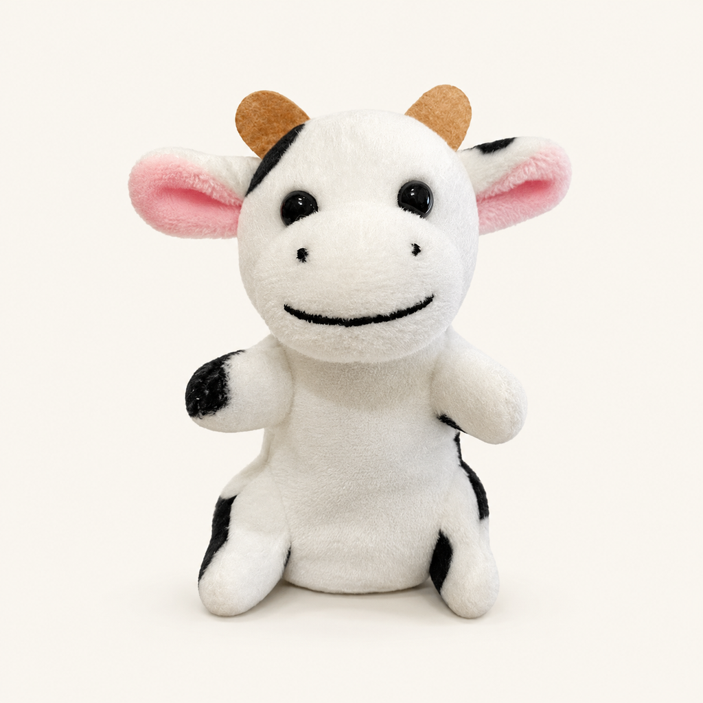 Marionnette à doigt peluche vache blanche et noire, vue de face, environ 9 cm