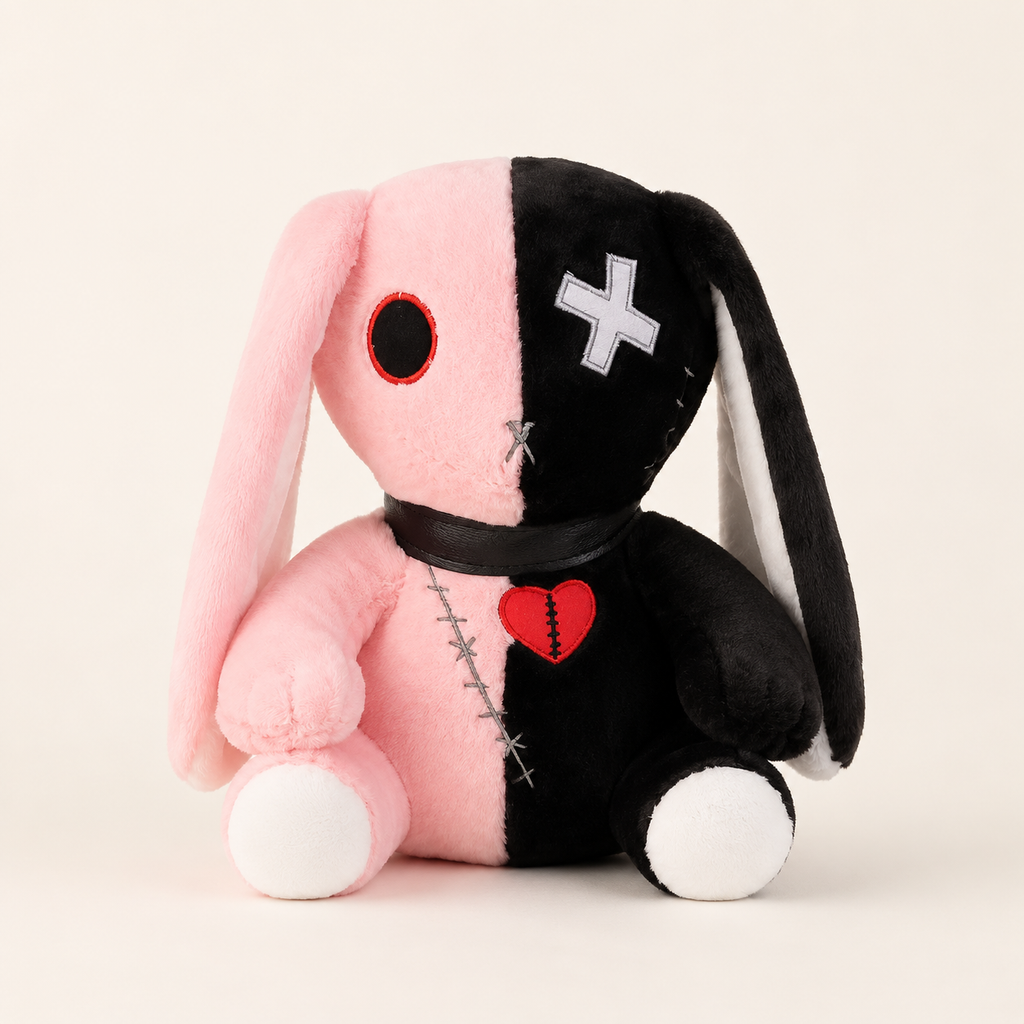 Peluche lapin gothique rose et noir spooky sur fond ivoire - vue principale
