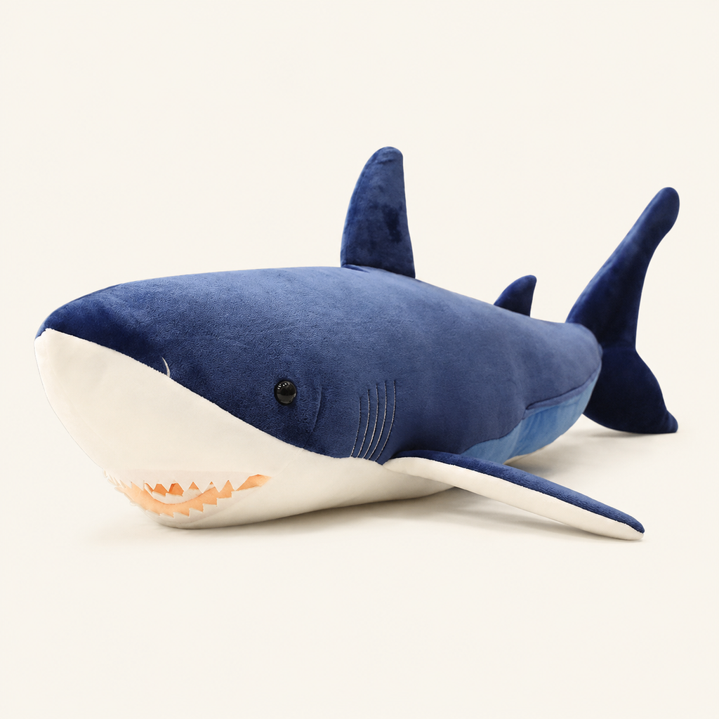 Grande peluche coussin requin bleu, fond ivoire