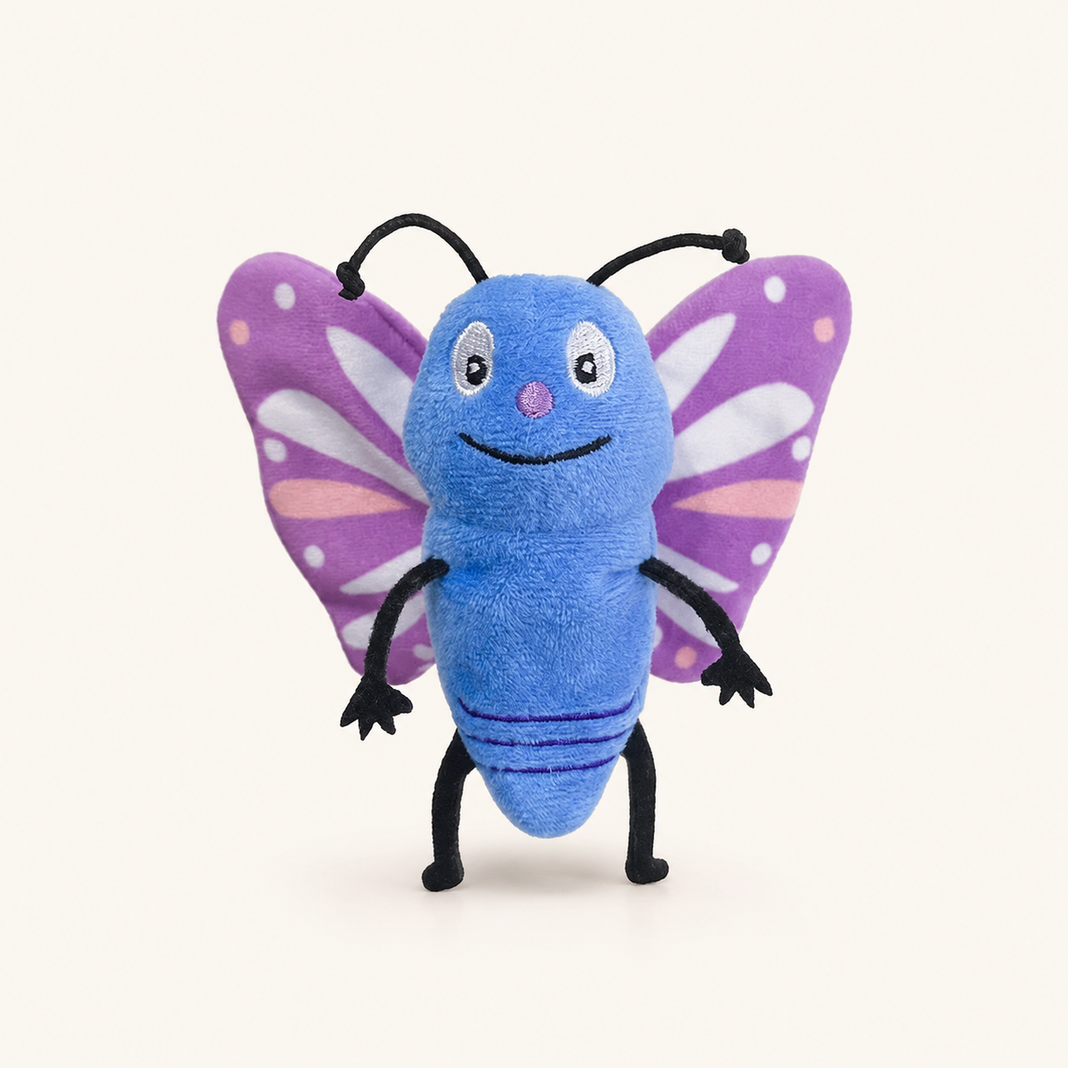 Marionnette à doigt peluche papillon bleu et violet, vue de face, environ 9 cm