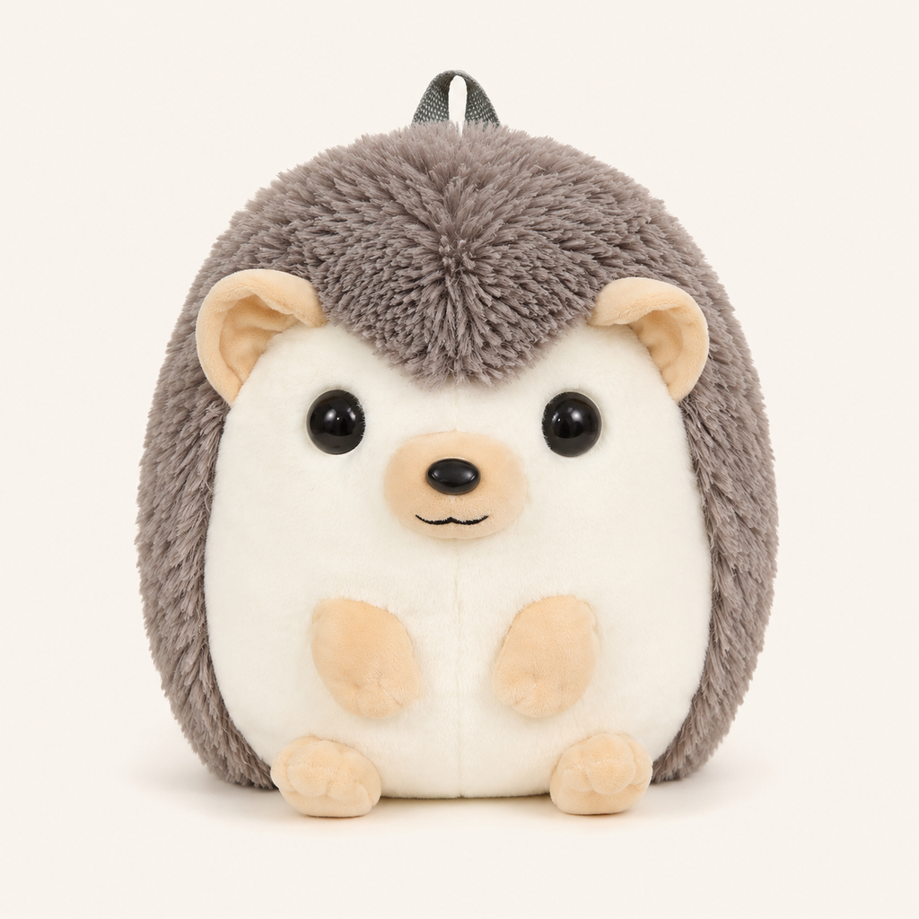 Sac à dos peluche hérisson gris et blanc sur fond ivoire - vue principale