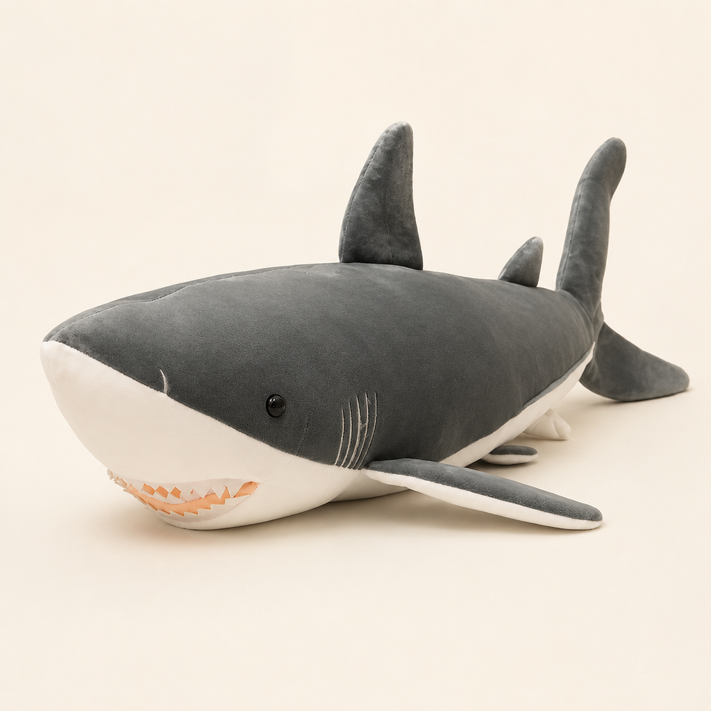 Grande peluche coussin requin gris, fond ivoire