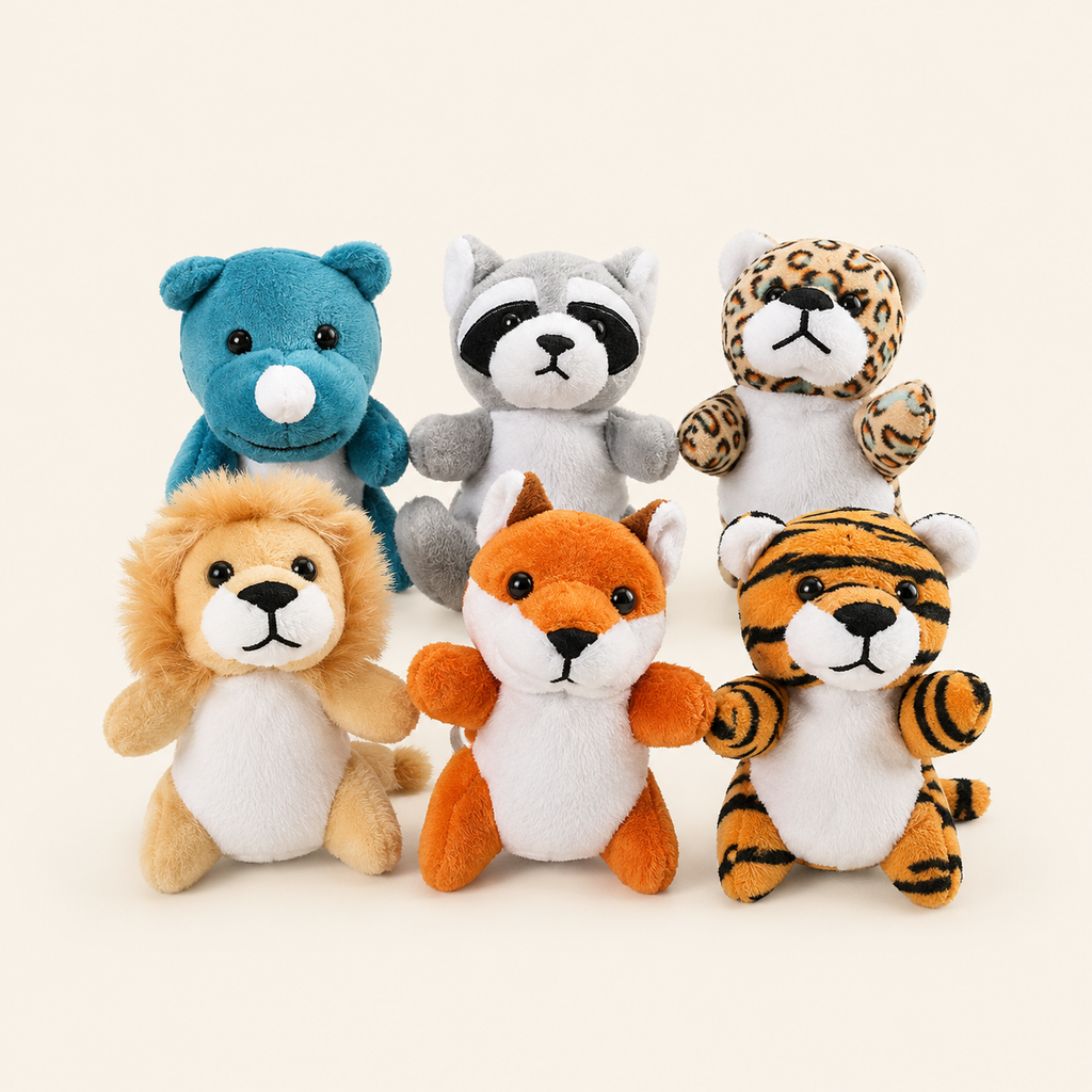 Set de 6 marionnettes à doigt peluche animaux, fond ivoire