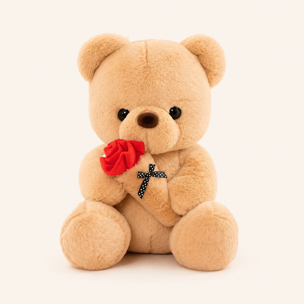 Peluche ours brun tenant une rose rouge, cadeau romantique - Royaume Peluche
