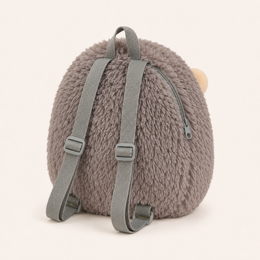 Sac à dos peluche hérisson gris - vue de dos montrant les bretelles