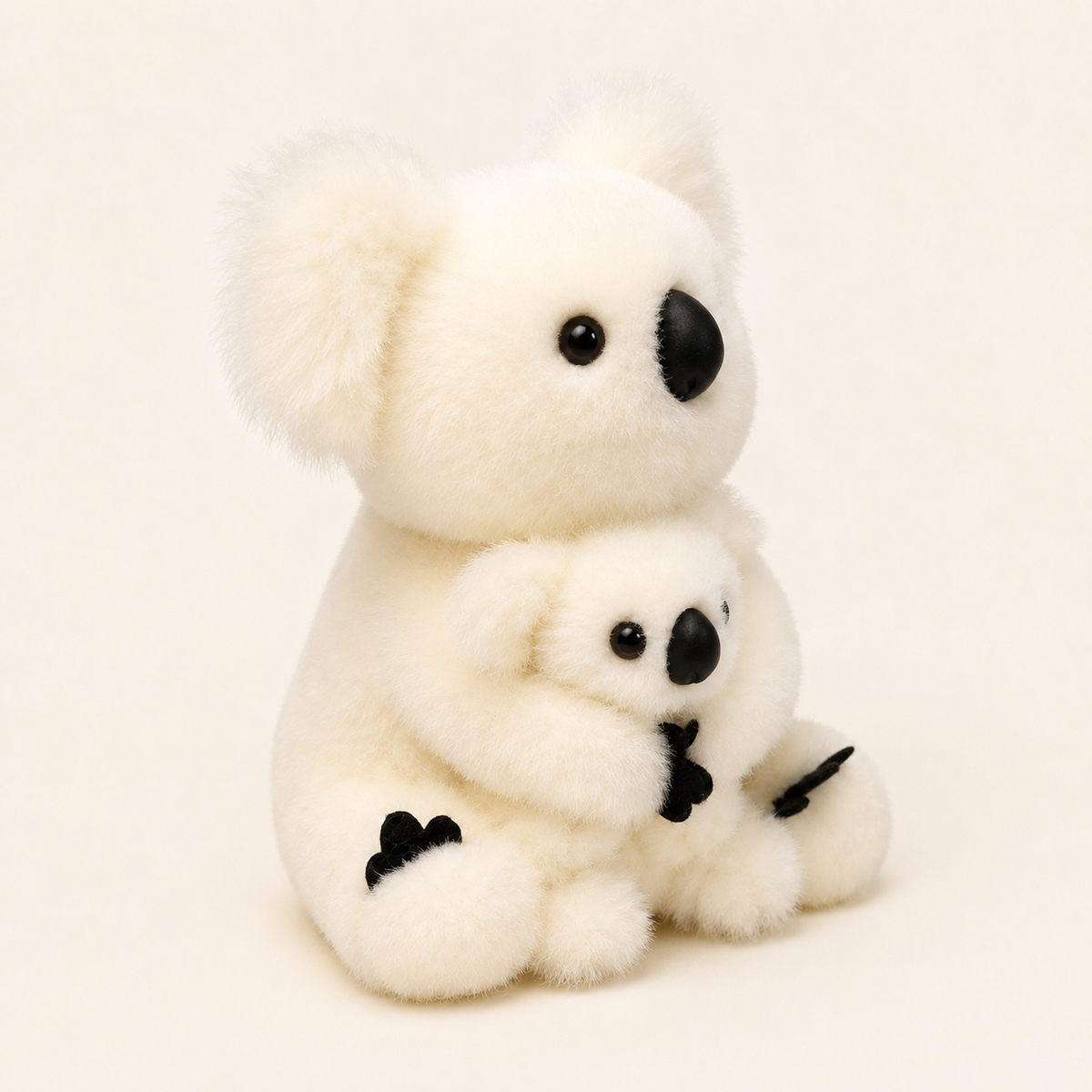 Peluche koala blanche vue de trois quarts, fond ivoire