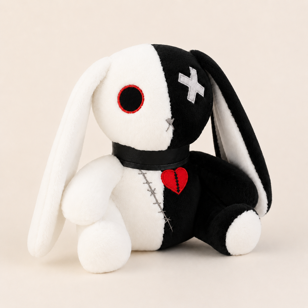 Peluche lapin gothique blanc et noir - autre angle