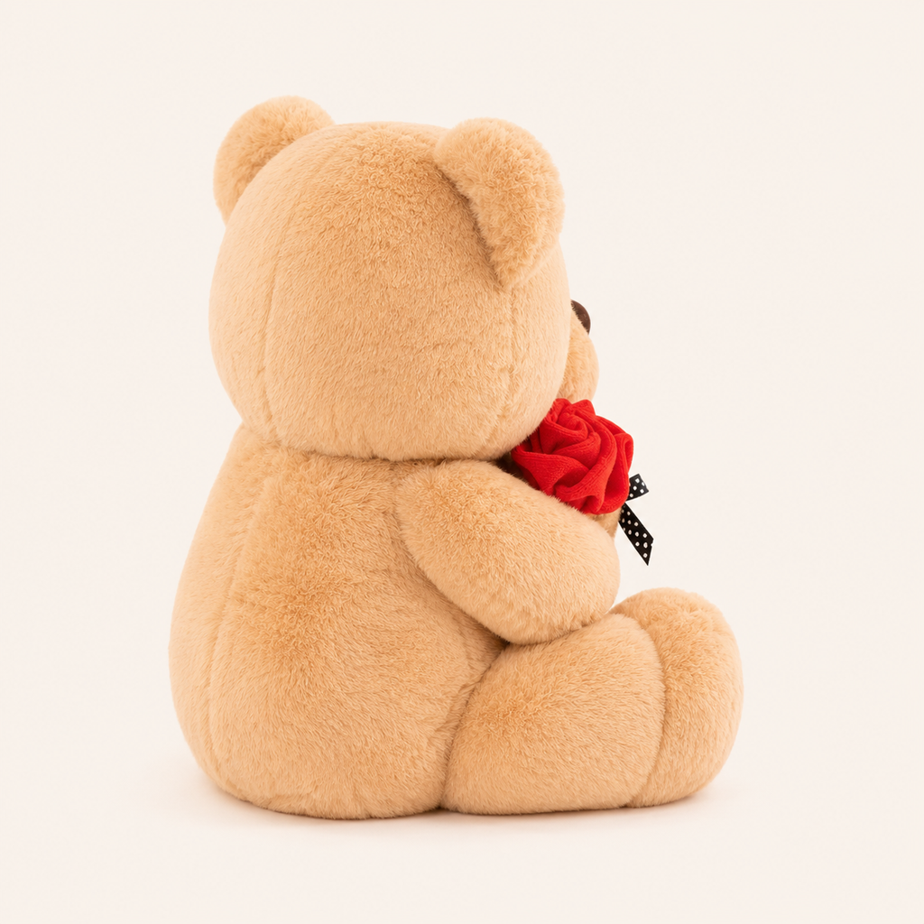 Peluche ours brun rose rouge, autre angle - Royaume Peluche