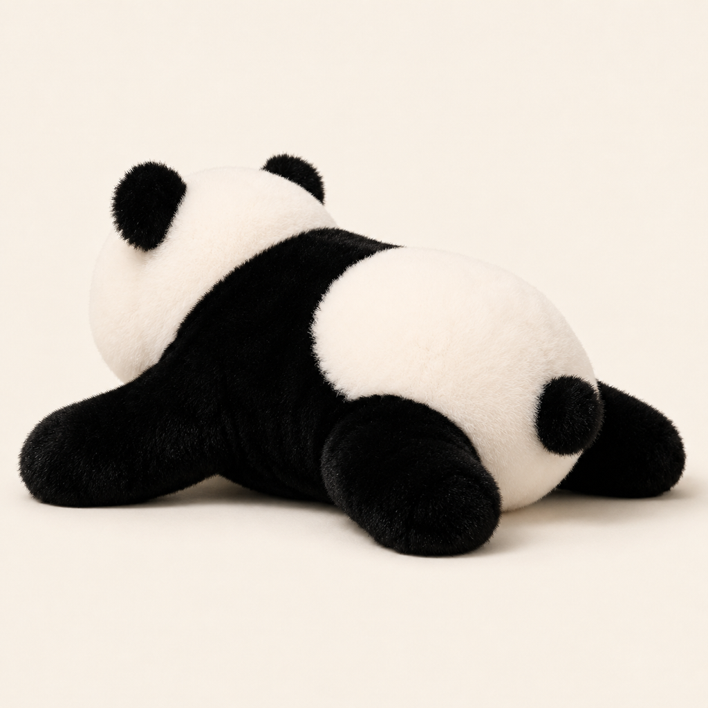 Coussin peluche panda couché, autre angle - Royaume Peluche