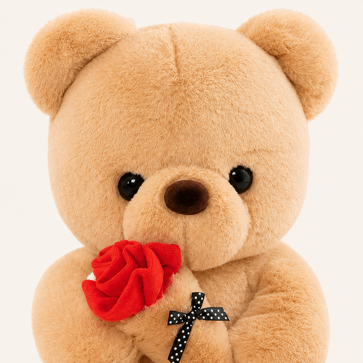 Peluche ours brun, gros plan rose et noeud - Royaume Peluche