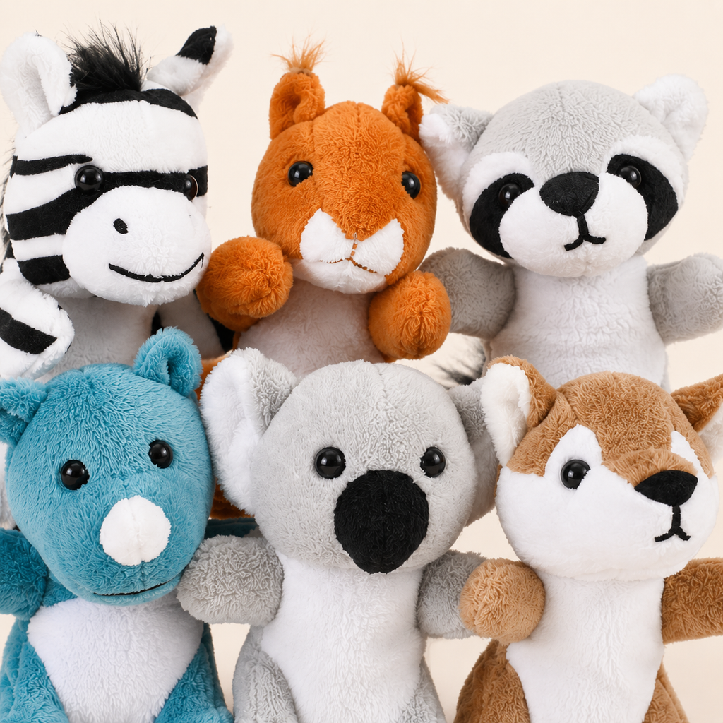 Set de marionnettes à doigt peluche, gros plan des personnages