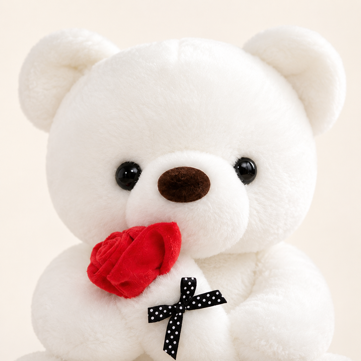 Peluche ours blanc, gros plan rose et noeud - Royaume Peluche