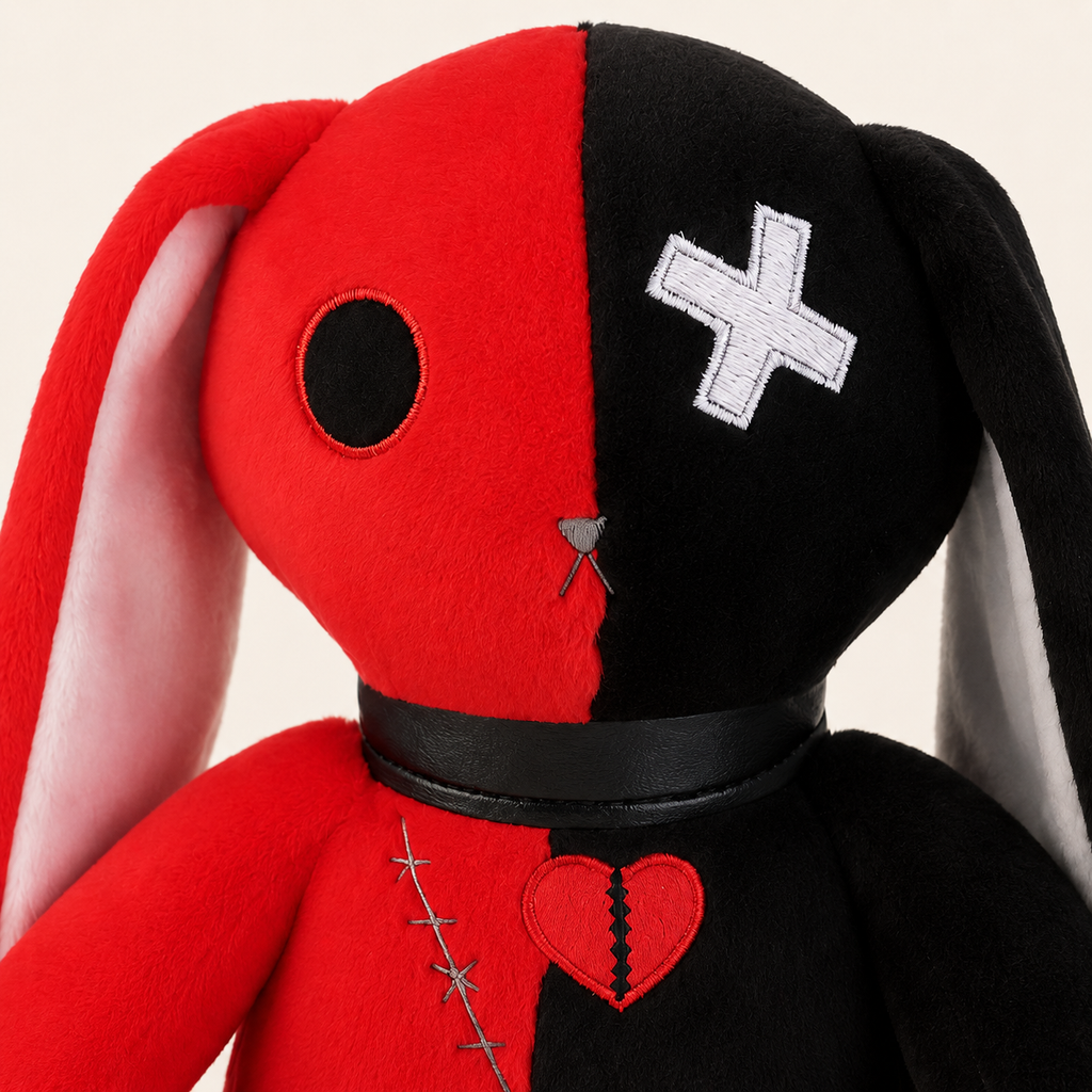 Peluche lapin gothique rouge et noir - détail patch croix et coeur