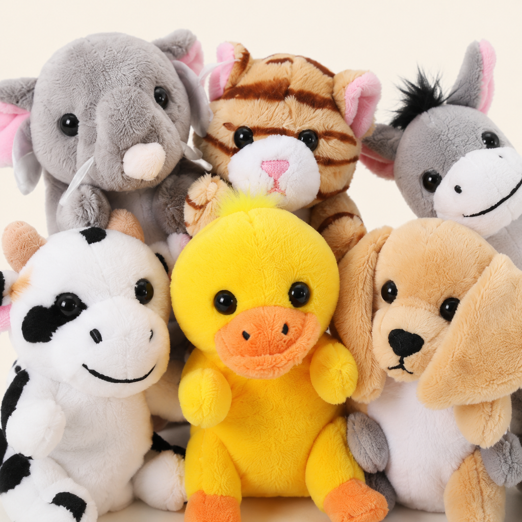 Gros plan sur les 6 marionnettes à doigt peluche