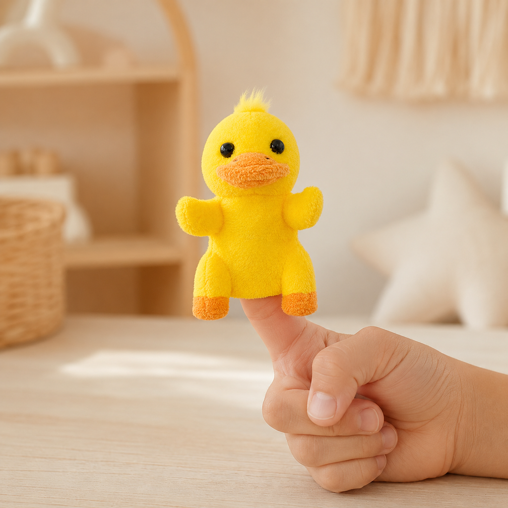 Marionnette canard jaune sur un doigt en situation
