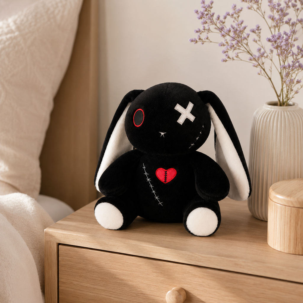 Peluche lapin gothique noir posée sur une table de chevet - mise en situation