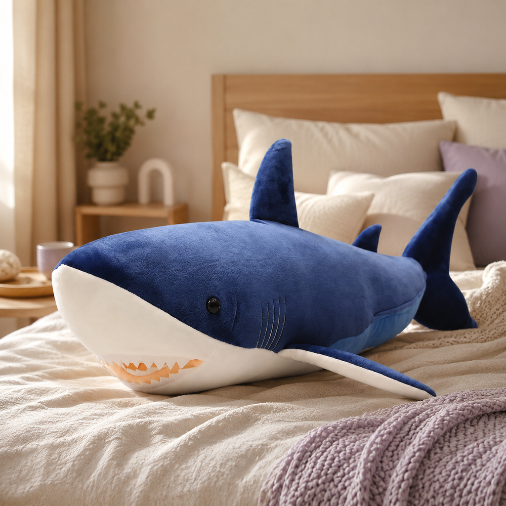 Grande peluche requin bleu à taille réelle sur un lit