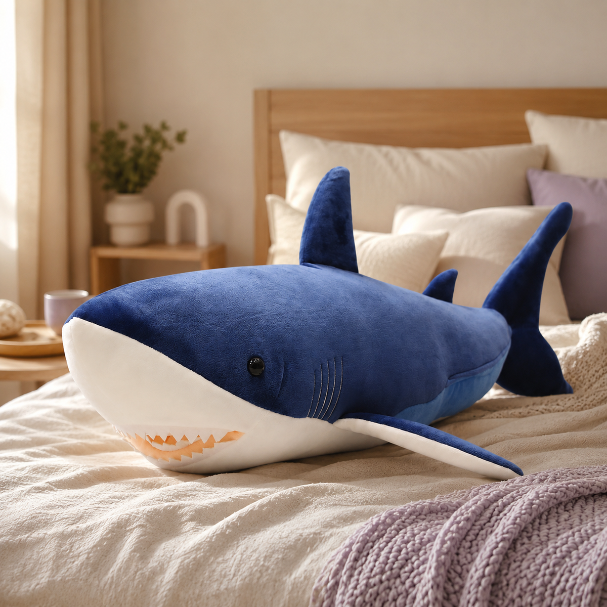 Grande peluche requin bleu à taille réelle sur un lit