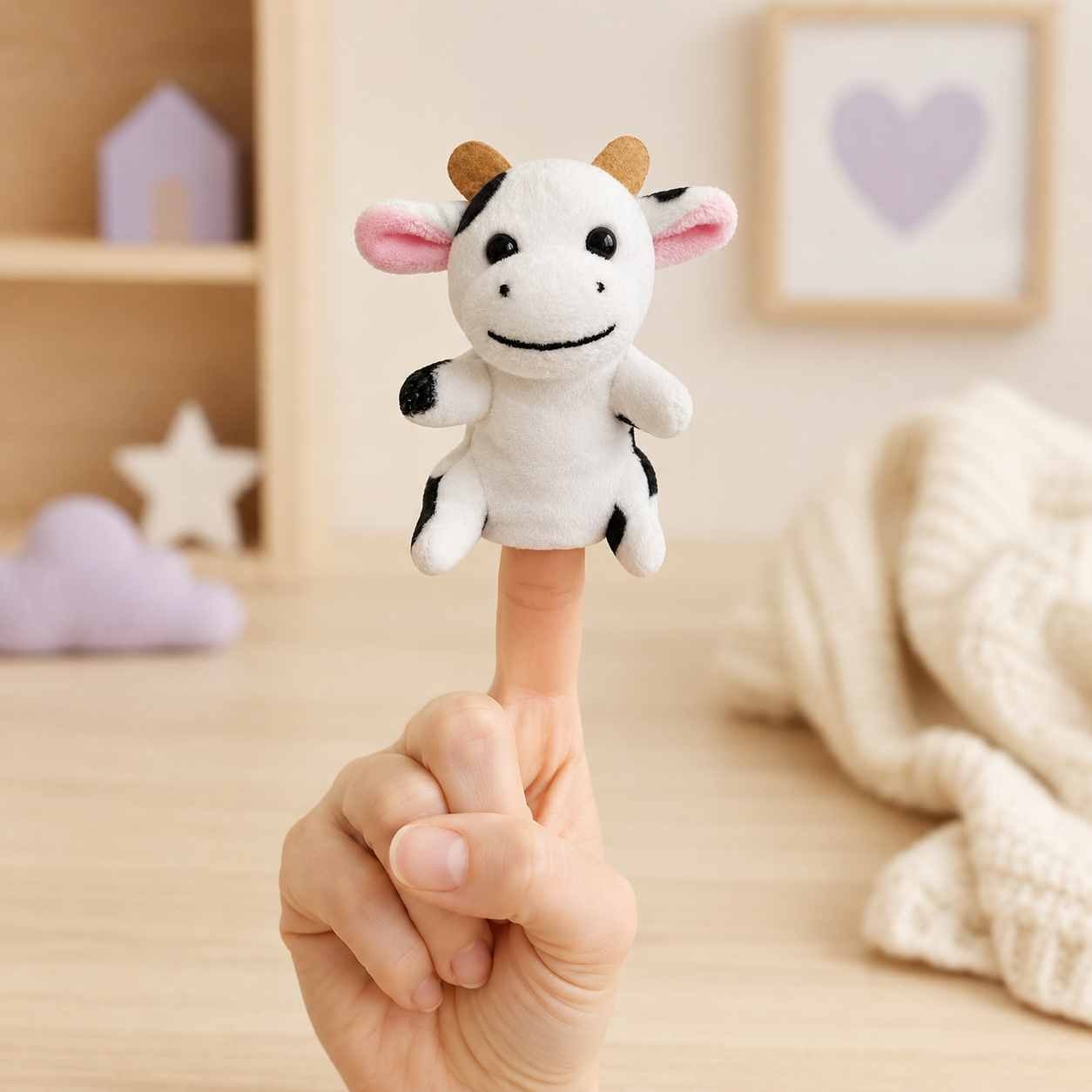 Marionnette à doigt vache portée sur un doigt en situation