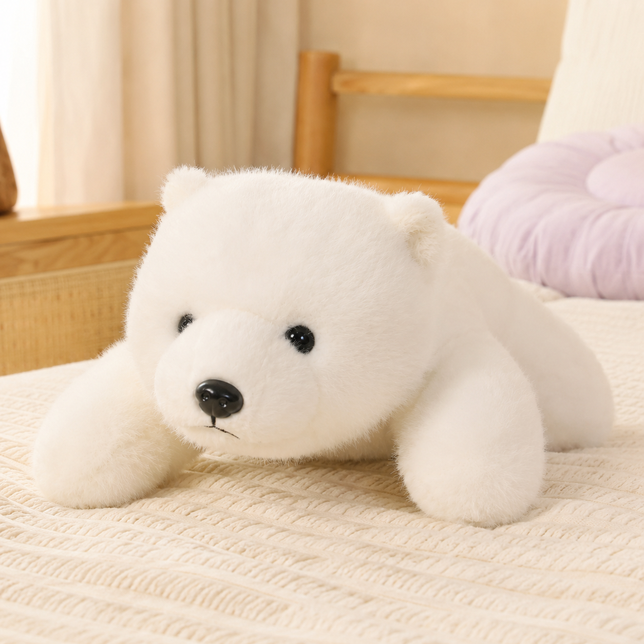 Coussin peluche ours polaire, mise en situation lit - Royaume Peluche