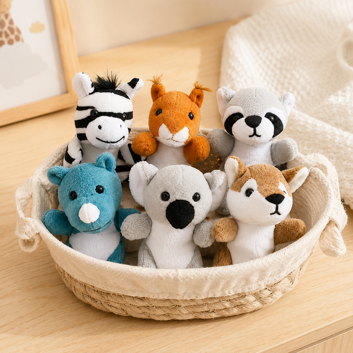 Set de marionnettes à doigt peluche dans un panier