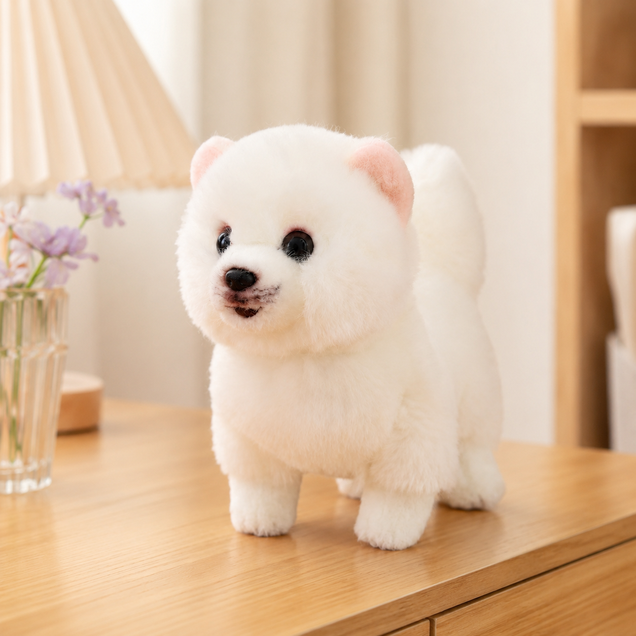 Peluche poméranien blanc en situation sur une commode