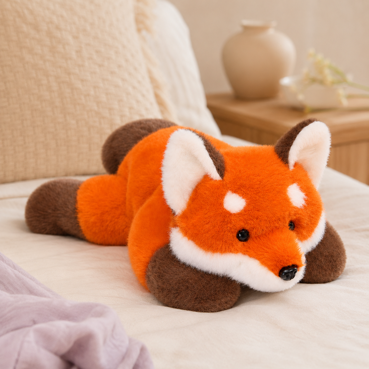 Coussin peluche renard, mise en situation lit - Royaume Peluche