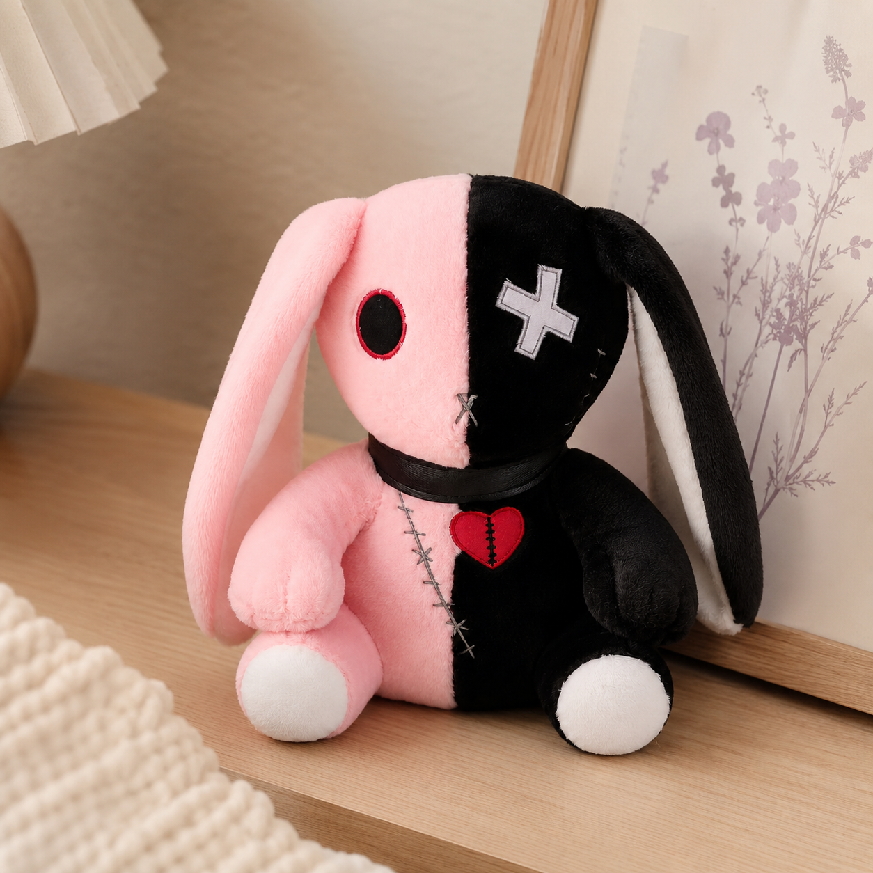Peluche lapin gothique rose et noir posée sur une étagère - mise en situation