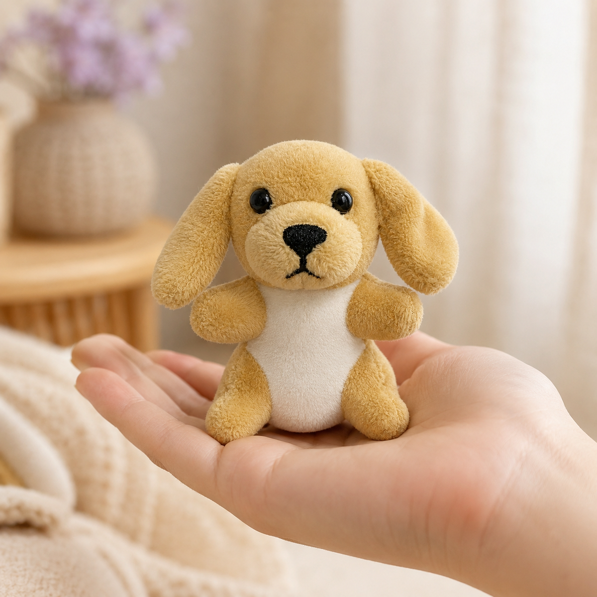 Marionnette à doigt peluche chien posée dans une main