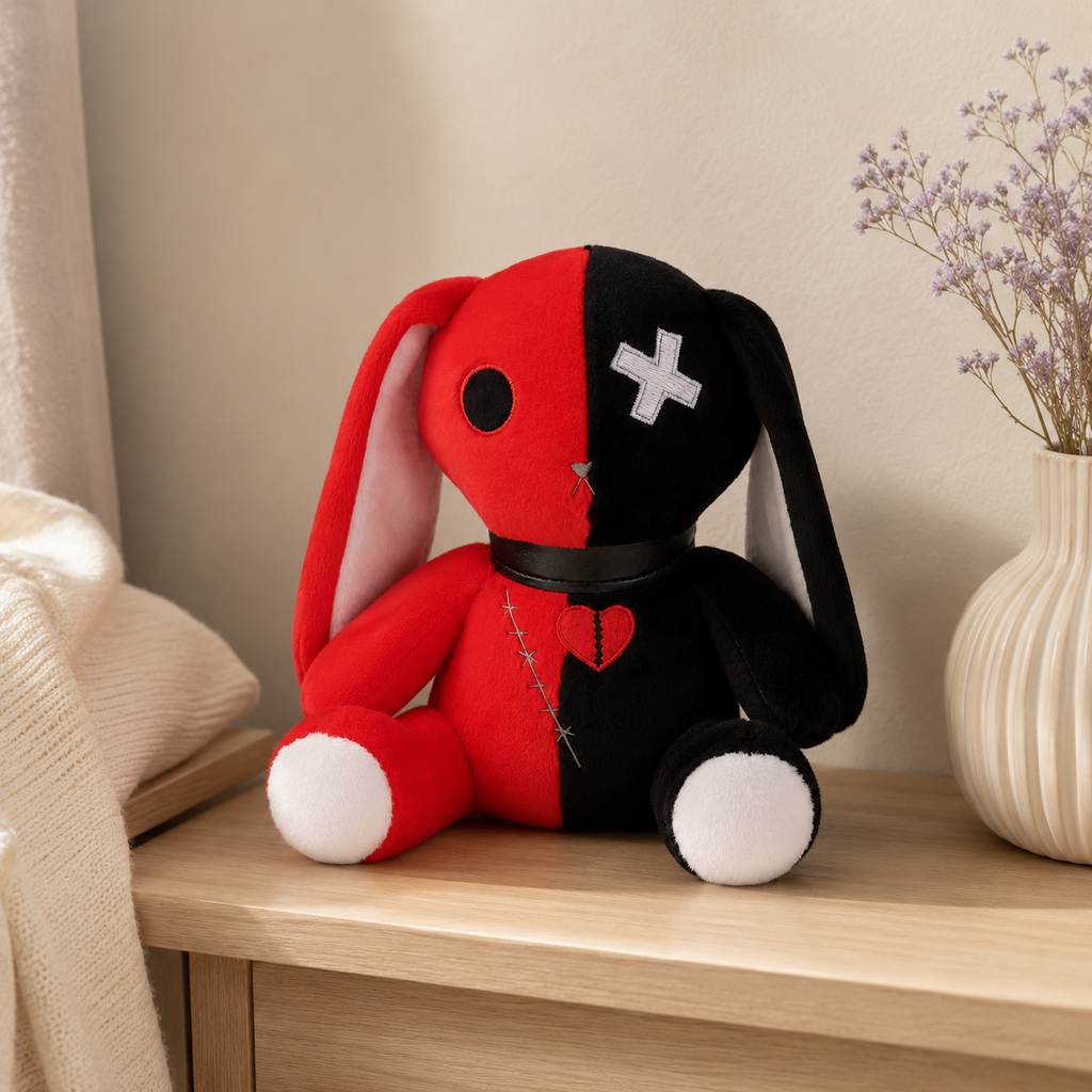 Peluche lapin gothique rouge et noir posée sur une étagère - mise en situation