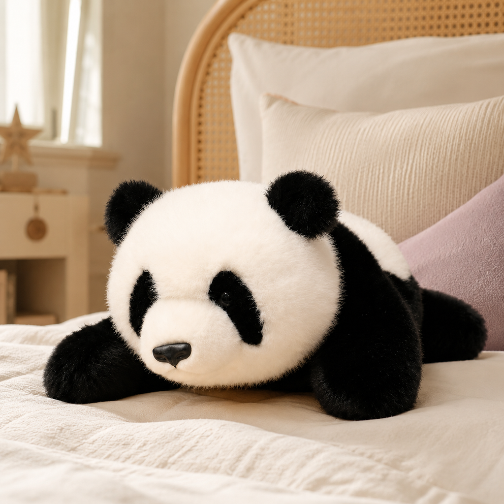 Coussin peluche panda, mise en situation lit - Royaume Peluche