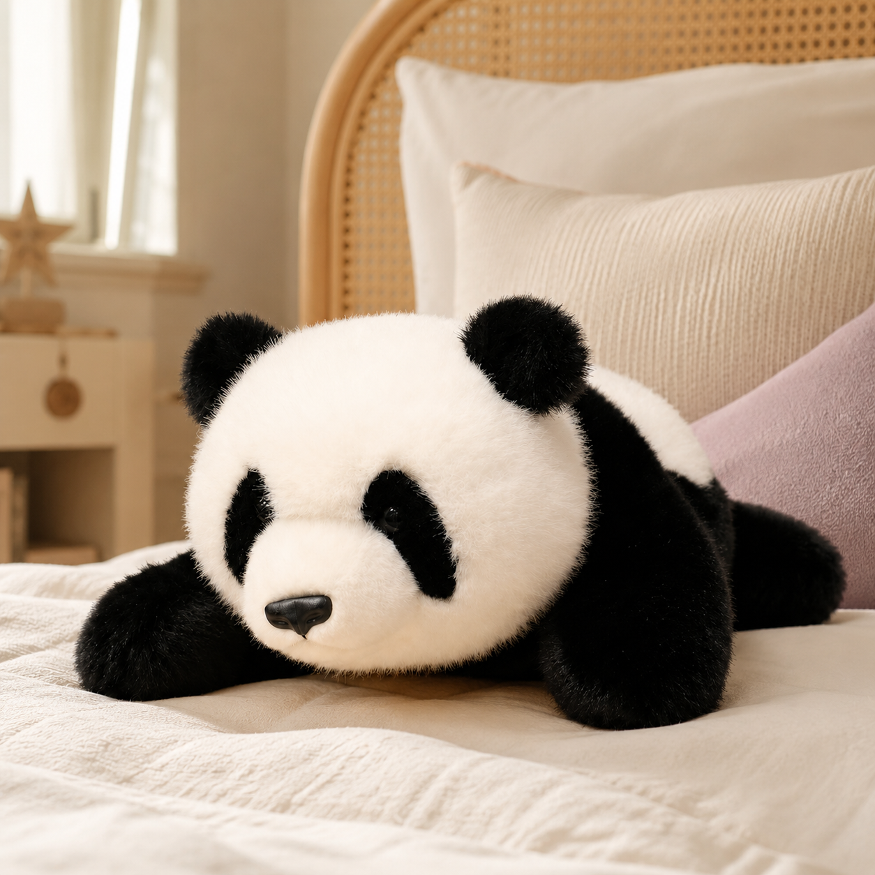 Coussin peluche panda, mise en situation lit - Royaume Peluche