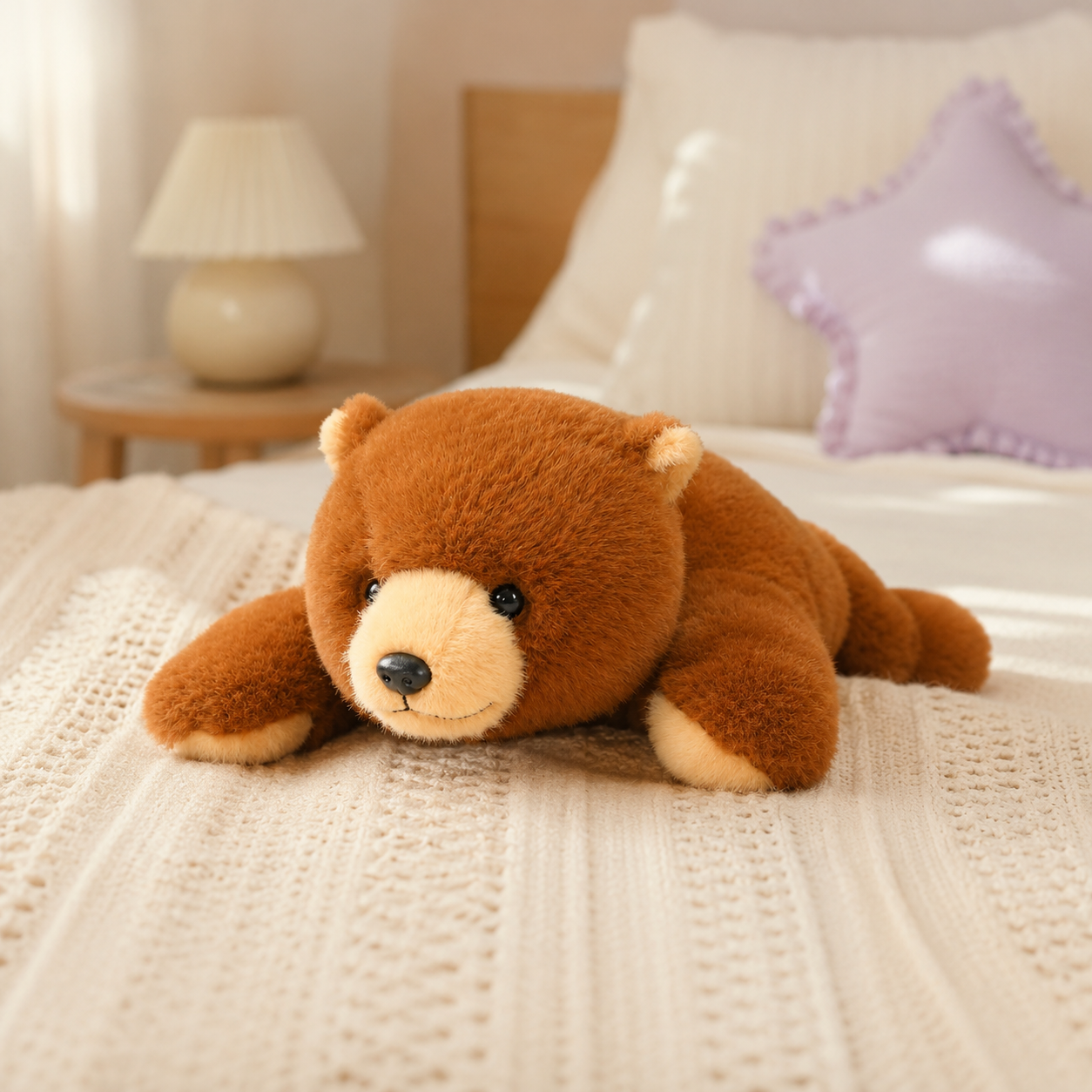 Coussin peluche ours brun, mise en situation lit - Royaume Peluche