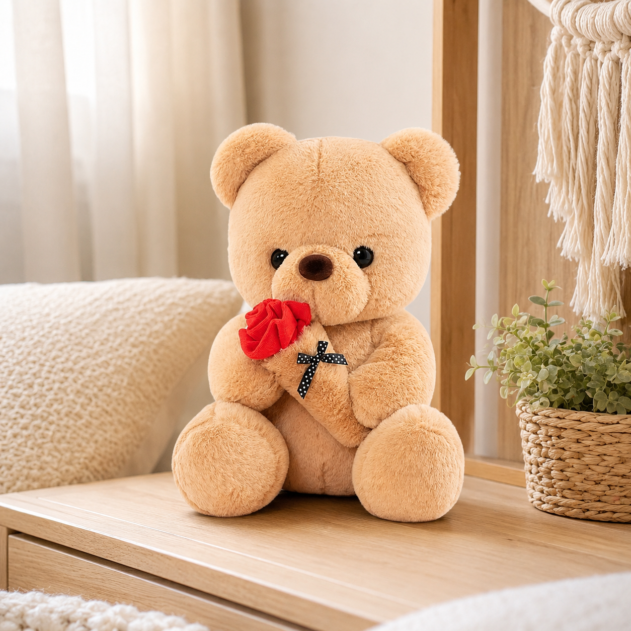 Peluche ours brun rose, mise en situation salon - Royaume Peluche