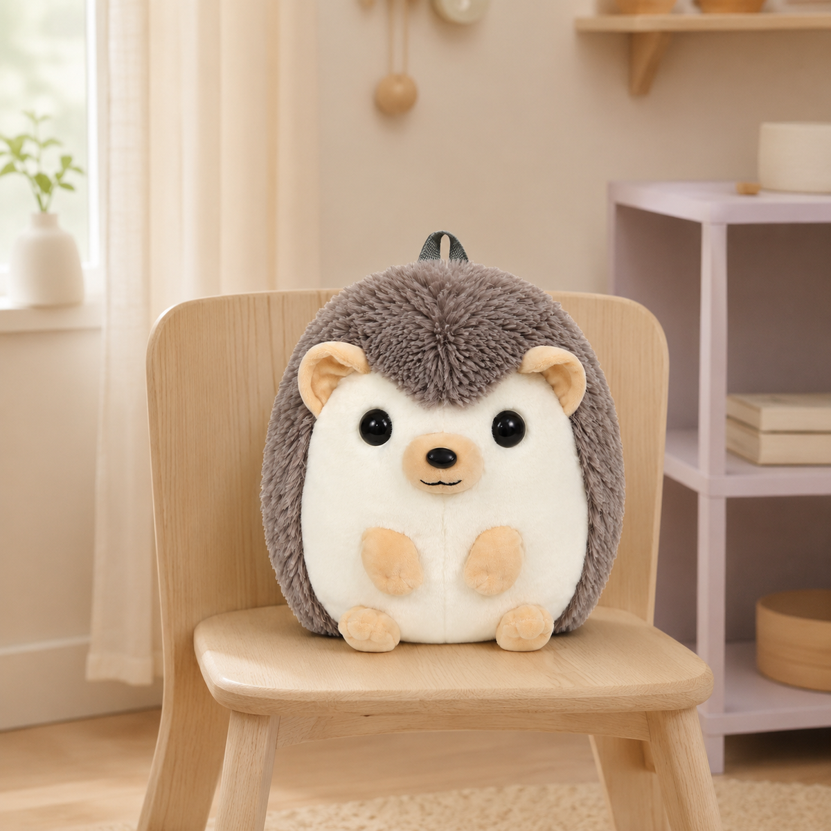 Sac à dos peluche hérisson gris posé sur une chaise - mise en situation