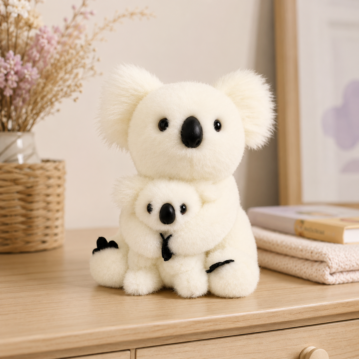 Peluche koala blanche en situation sur une commode