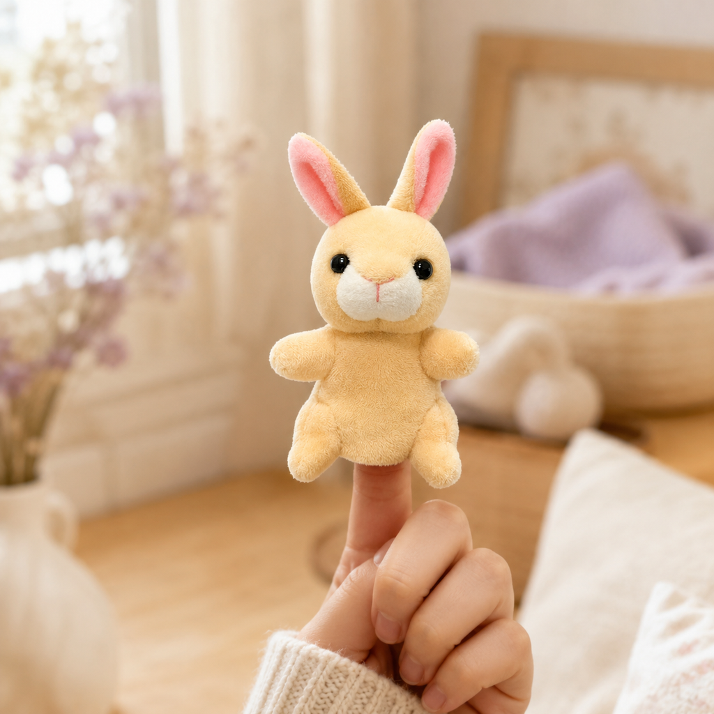 Marionnette à doigt lapin portée sur un doigt en situation