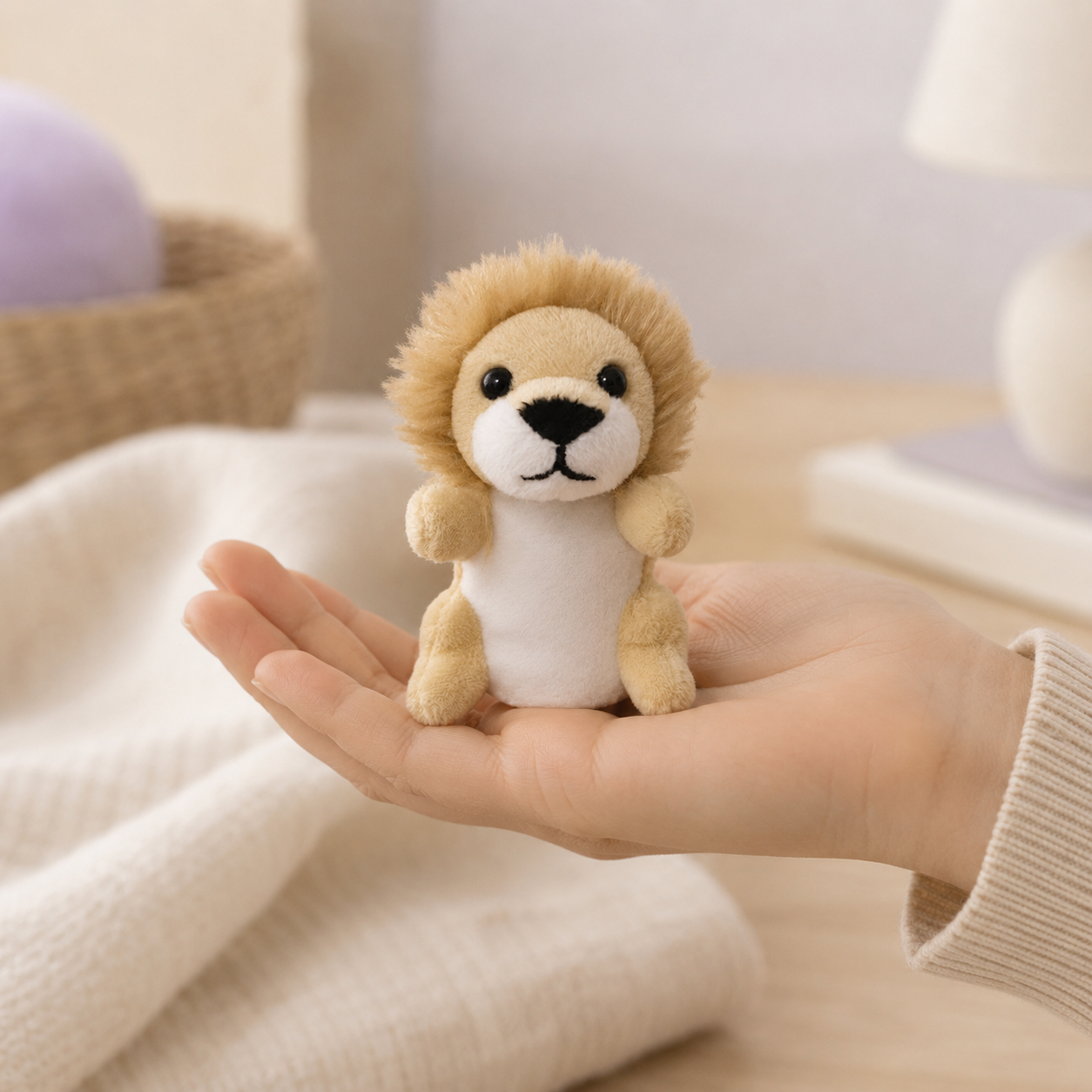 Marionnette à doigt peluche lion posée dans une main