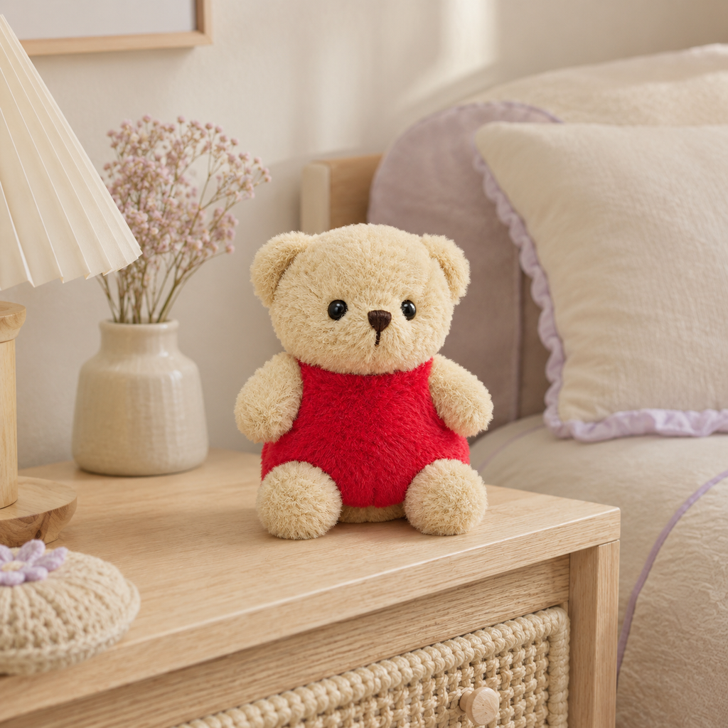 Peluche ours crème cœur rouge, mise en situation chambre - Royaume Peluche