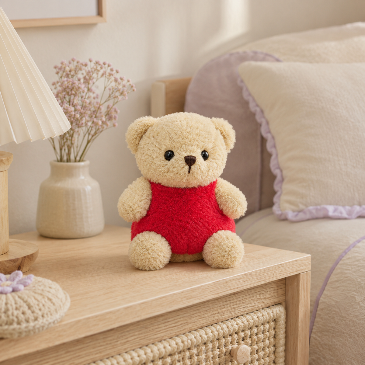 Peluche ours crème cœur rouge, mise en situation chambre - Royaume Peluche