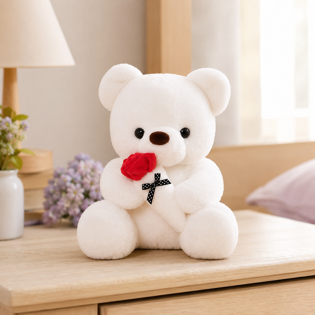 Peluche ours blanc rose, mise en situation chambre - Royaume Peluche