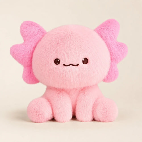 Peluche axolotl rose vue de face, assise, fond ivoire