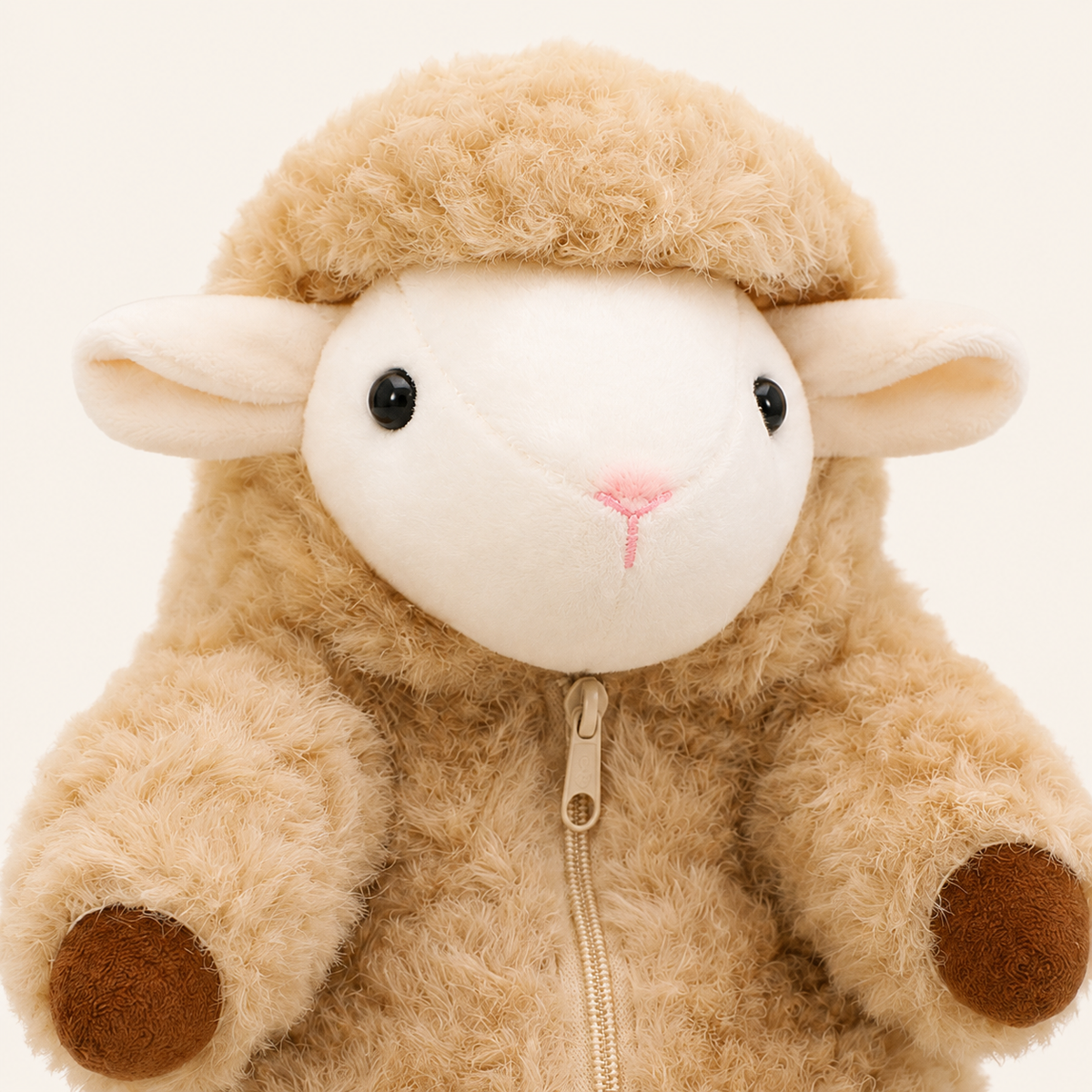 Peluche mouton agneau, gros plan sur le visage et la fermeture éclair amovible
