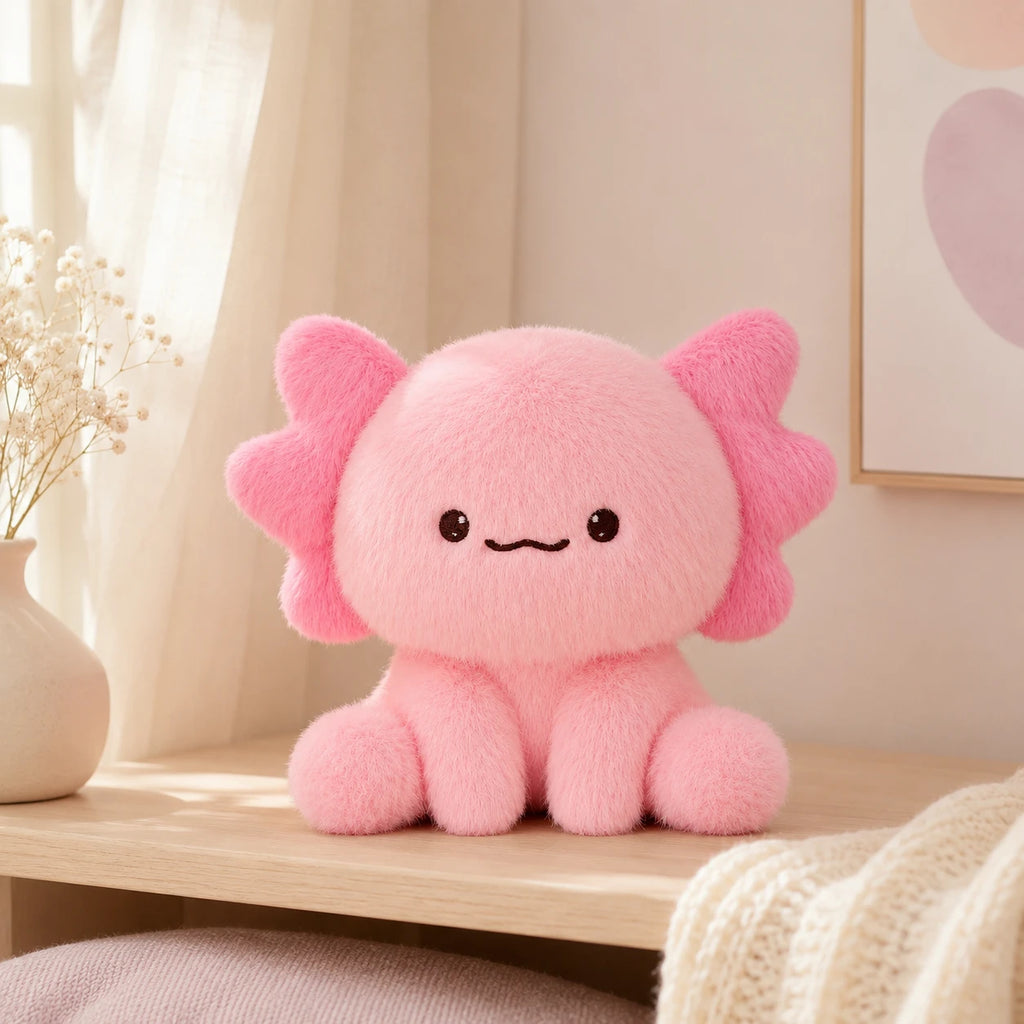 Peluche axolotl rose posée sur une étagère dans une chambre douce
