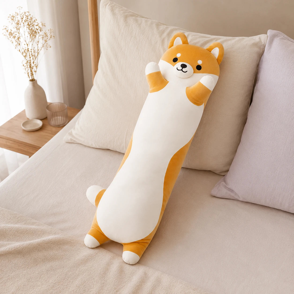 Coussin peluche Shiba Inu posé sur un lit