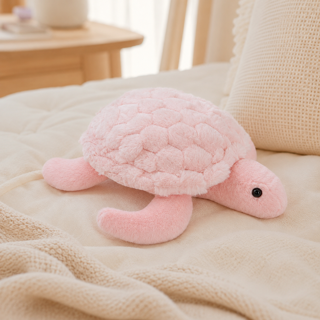 Peluche tortue rose posée sur un plaid tricoté, ambiance chambre cosy