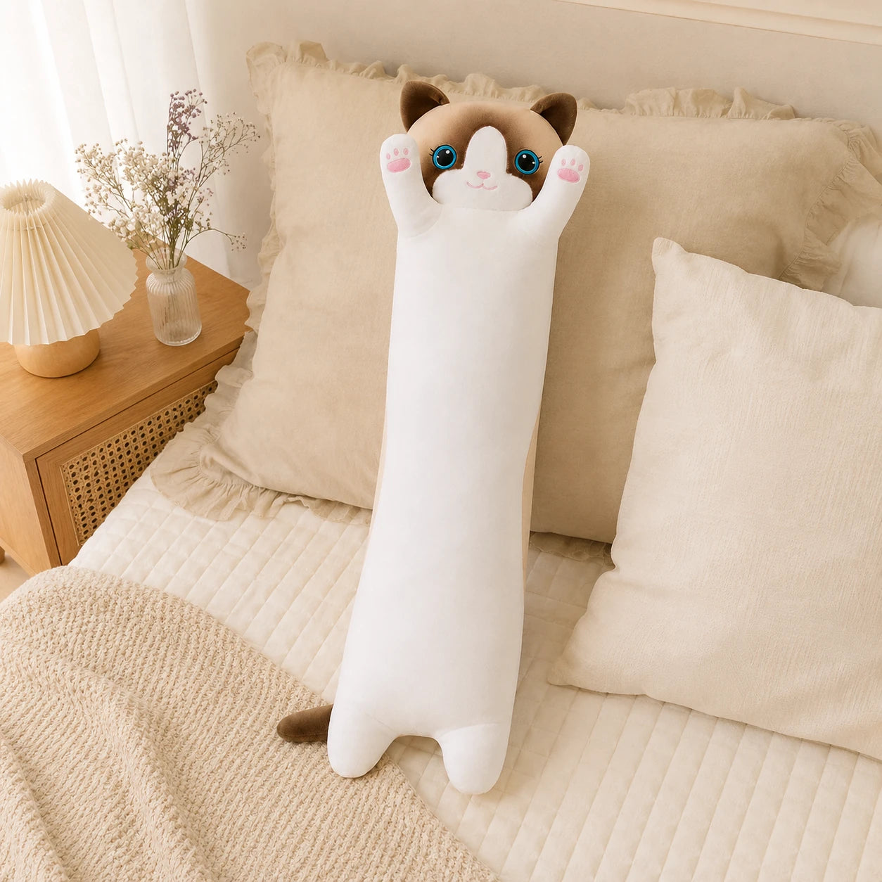 Coussin peluche chat posé sur un lit