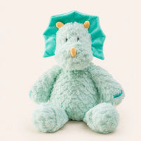 Peluche dinosaure bleu vert à longues pattes, vue de face sur fond ivoire