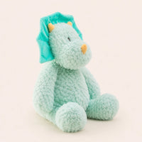 Peluche dinosaure bleu vert vue de trois-quarts, détails de la collerette