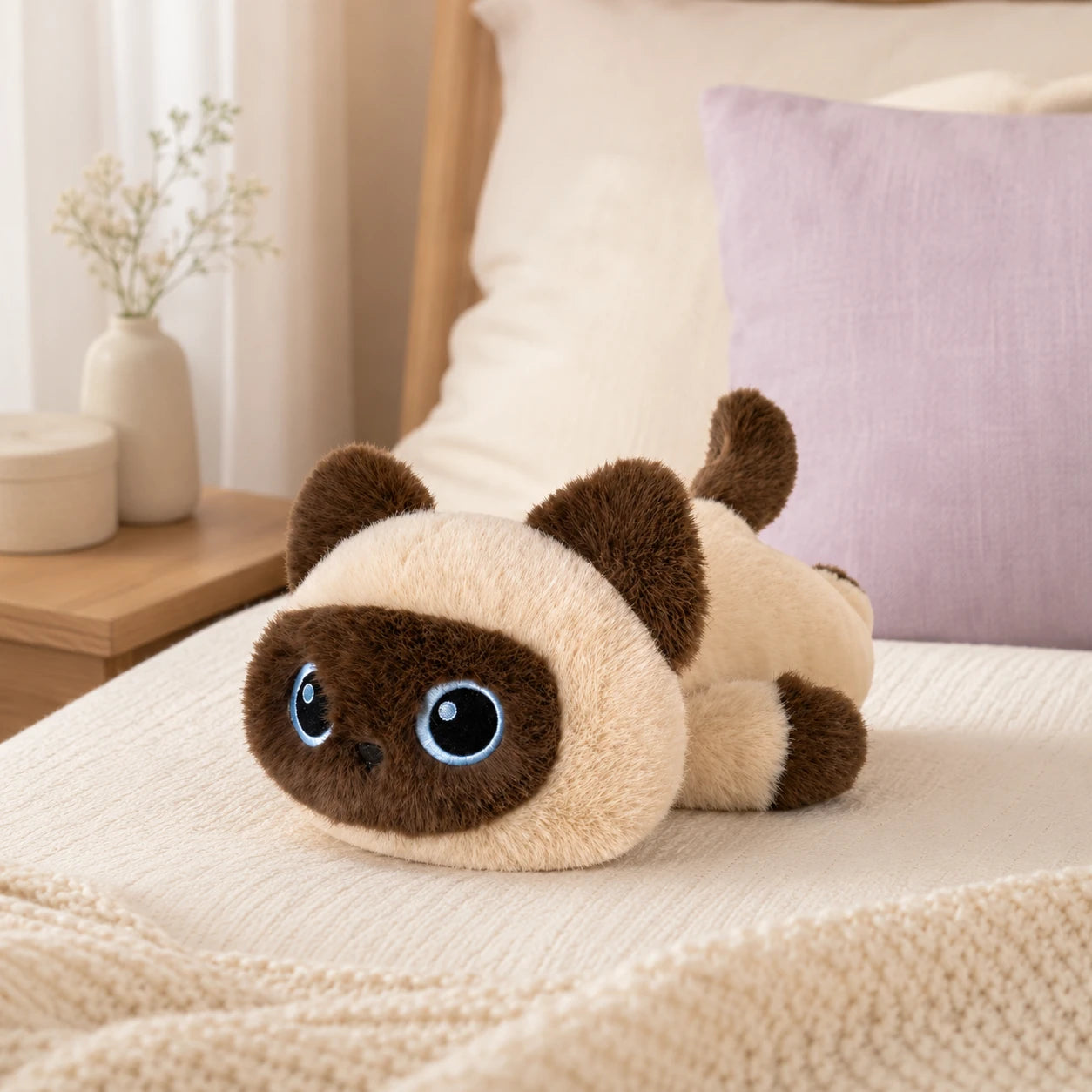 Peluche chaton siamois posée sur un lit